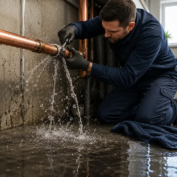 Emergency plumbing technician inspecting a burst pipe and water leak in Houston