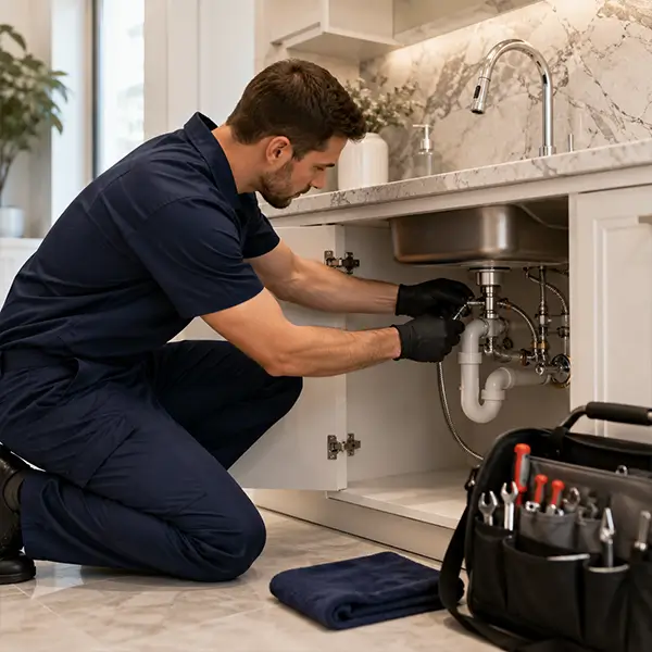 Plumbing technician diagnosing residential pipe and water flow problems in Houston