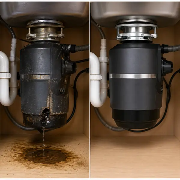 Professional plumber inspecting and repairing a residential garbage disposal in Houston