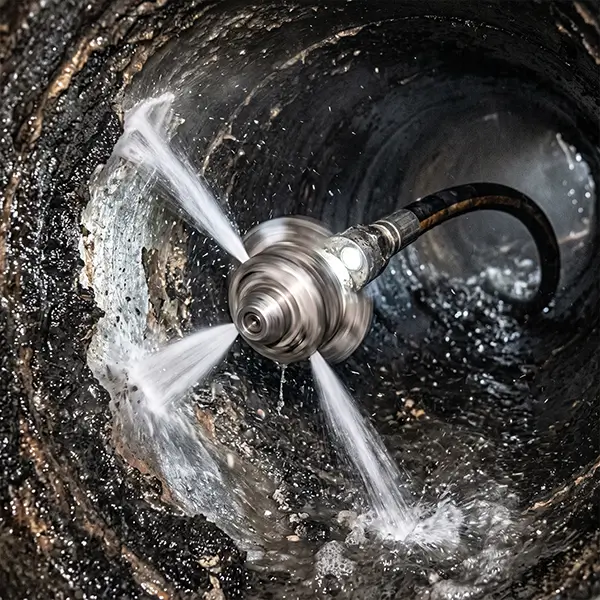 Houston technician performing high-pressure hydro jetting for heavy-duty line scouring