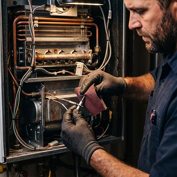 Houston technician performing ignition system and sensor troubleshooting for tankless water heaters