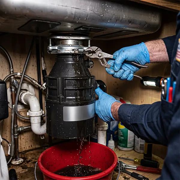 Professional plumber clearing a jammed garbage disposal in Houston