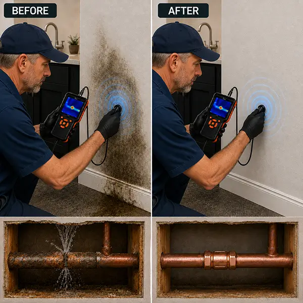 Professional plumber performing advanced leak detection and repair in Houston