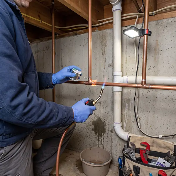 Professional plumber performing burst pipe repair in Houston