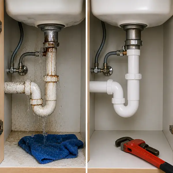 Professional plumber inspecting residential plumbing equipment in Houston