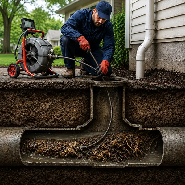Houston emergency technician clearing a severe sewer backup and main line blockage