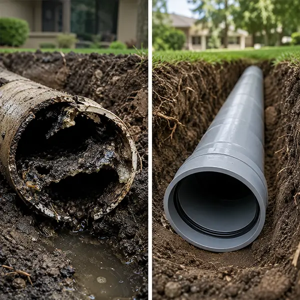Professional plumber inspecting a damaged sewer line and underground pipe repair in Houston