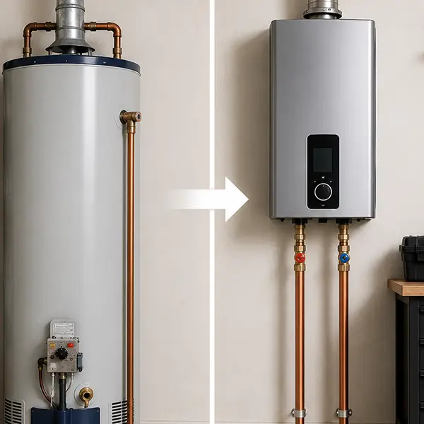 Professional plumber installing and servicing an on-demand tankless water heater in Houston
