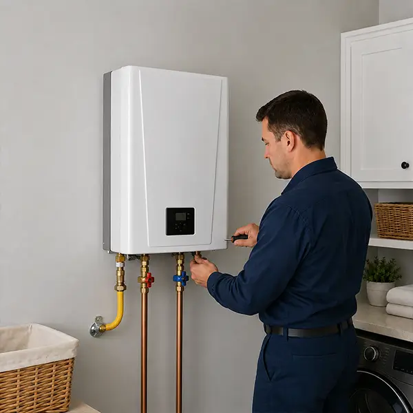 Professional plumber performing gas line sizing and tankless water heater retrofitting in Houston