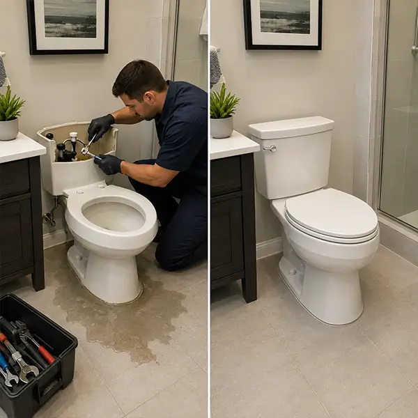 Professional plumber inspecting and repairing a residential toilet in Houston