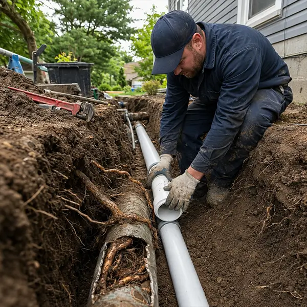 Houston technician performing sewer repair for tree root infiltration and pipe replacement