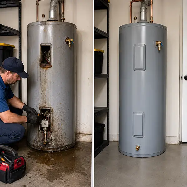 Professional plumber inspecting and repairing a residential water heater in Houston