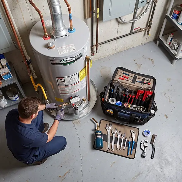 Professional plumber diagnosing and repairing a residential water heater in Houston