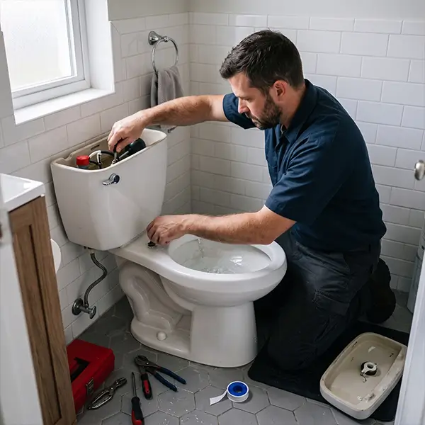Professional plumber performing weak flush toilet repair in Houston